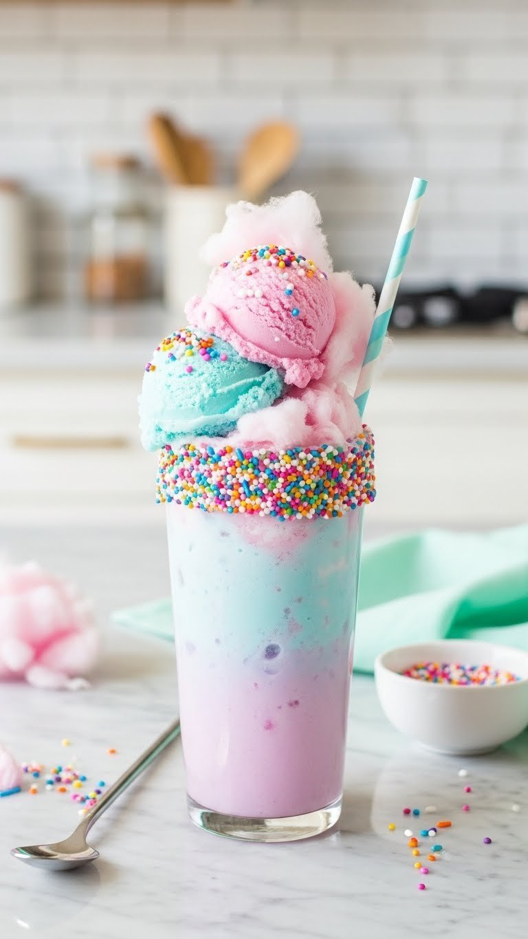 Frothy cotton candy unicorn float with ice cream topping and rainbow sprinkles in clear glass