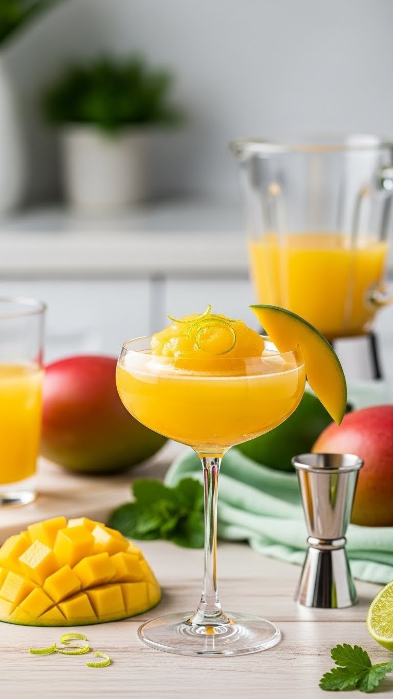 Frozen Mango Tequila Daiquiri with icy texture and mango slice garnish in coupe glass