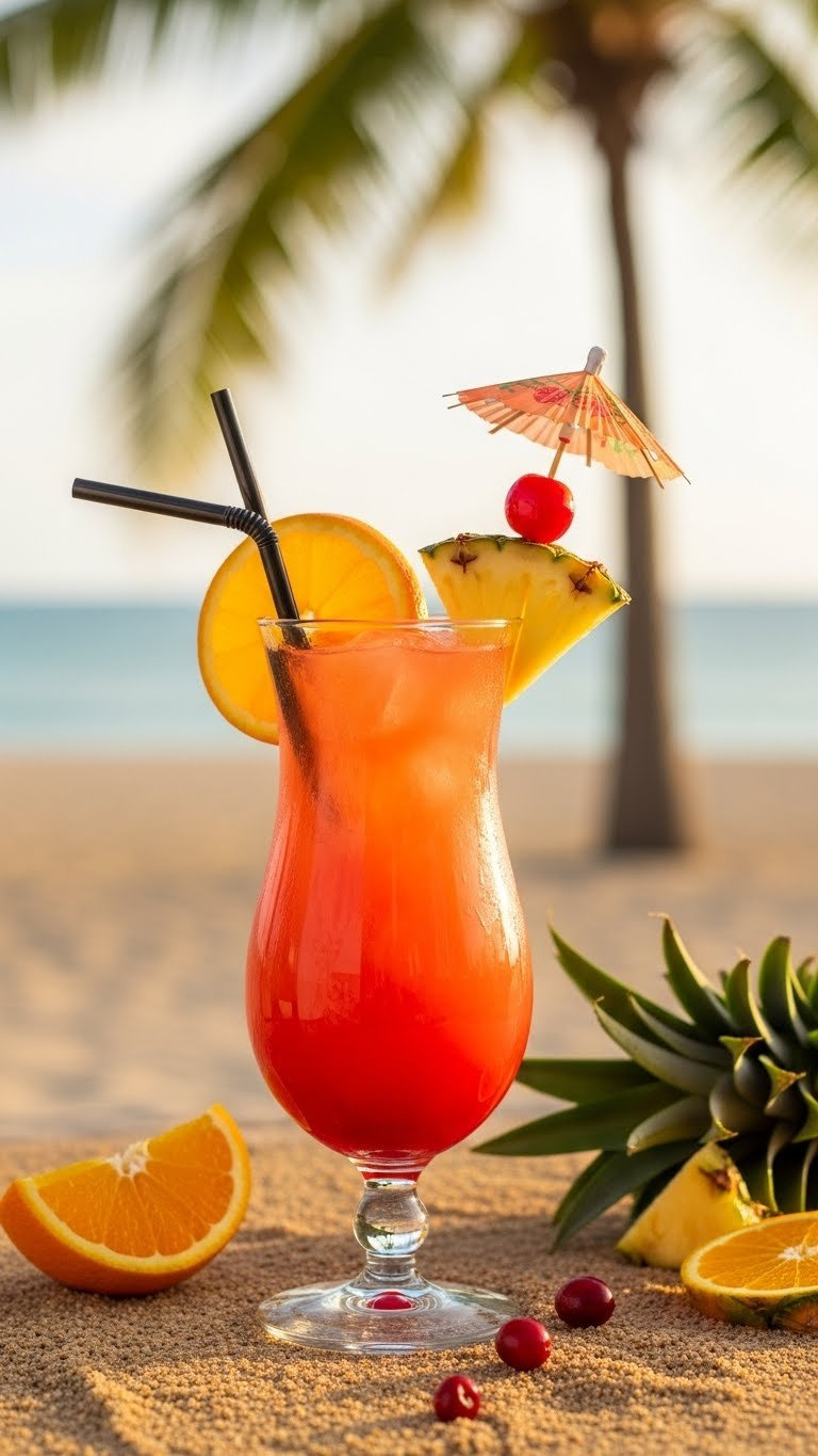 Fruity Sex on the Beach cocktail in hurricane glass with layered orange-red colors and tropical fruit garnish