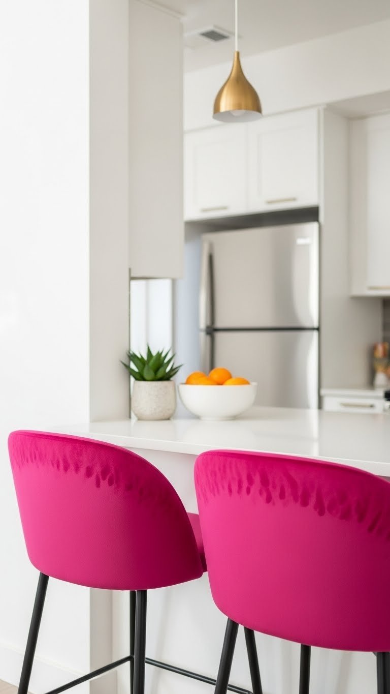 Fuchsia pink velvet counter stools tucked under apartment kitchen island breakfast bar