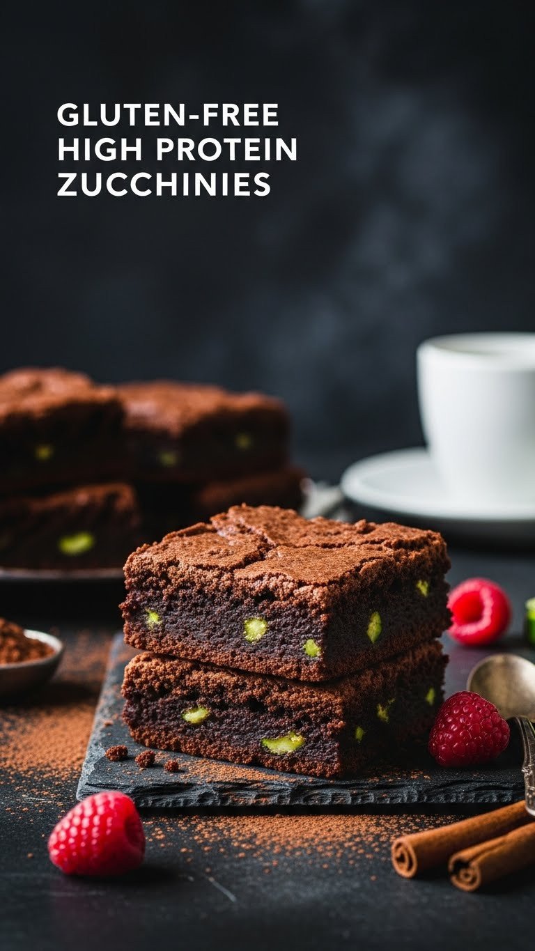 Fudgy gluten-free high protein zucchini brownie square with glossy crackled top and dark chocolate interior on dark stone surface.