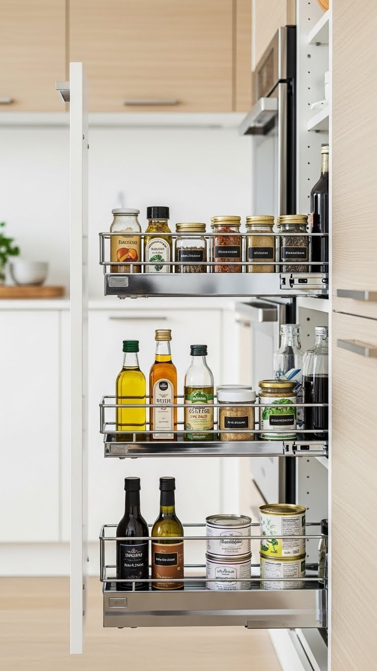 Fully extended pull-out pantry drawer with labeled spice jars and organized food items in narrow cabinet space