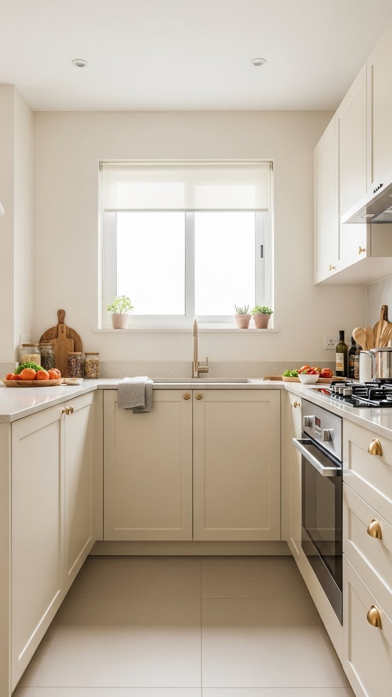 Functional U-shaped kitchen in modern Indian apartment with three continuous countertops forming efficient cooking zone