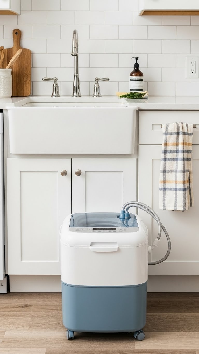 Functional apartment kitchen showing portable washing machine connected to kitchen sink for small space living