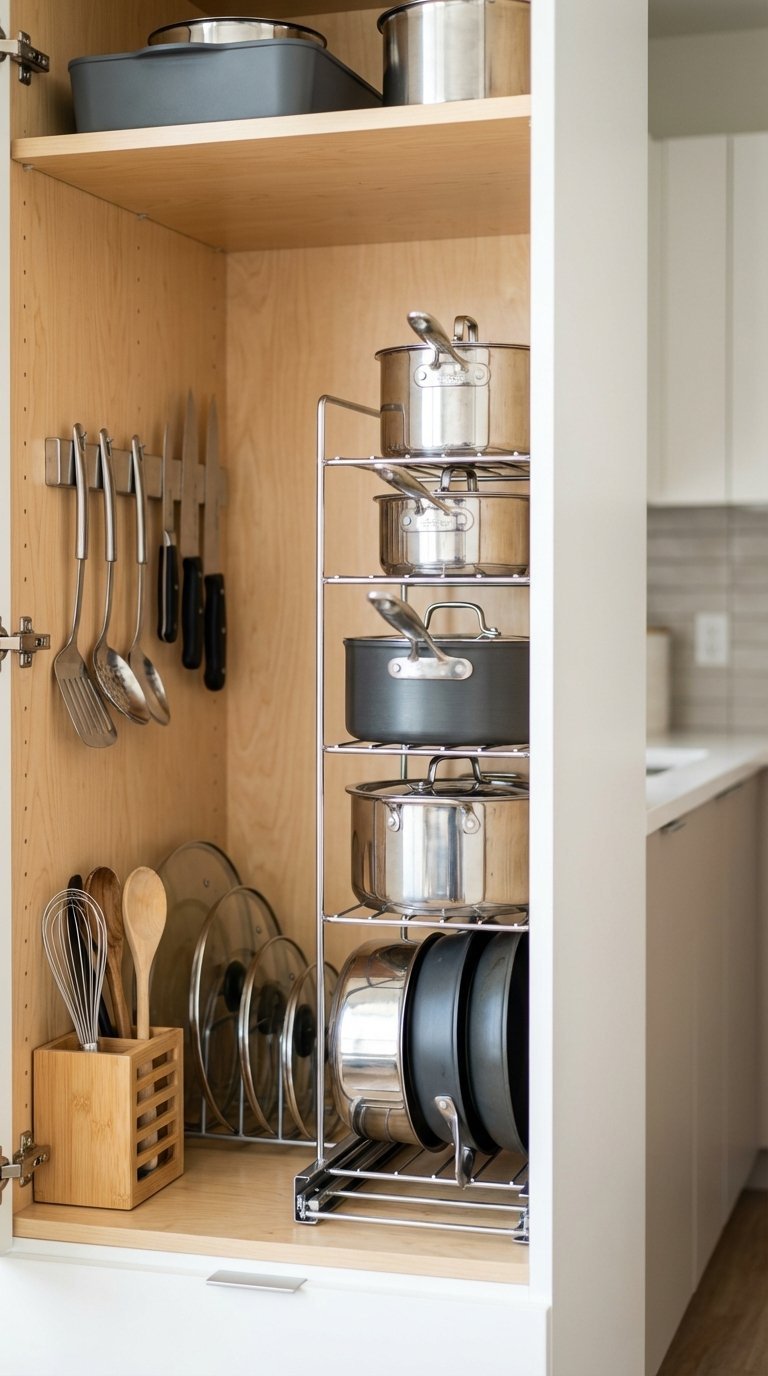 Functional kitchen cabinet with pull-out pot organizer and magnetic utensil holders for space-saving storage