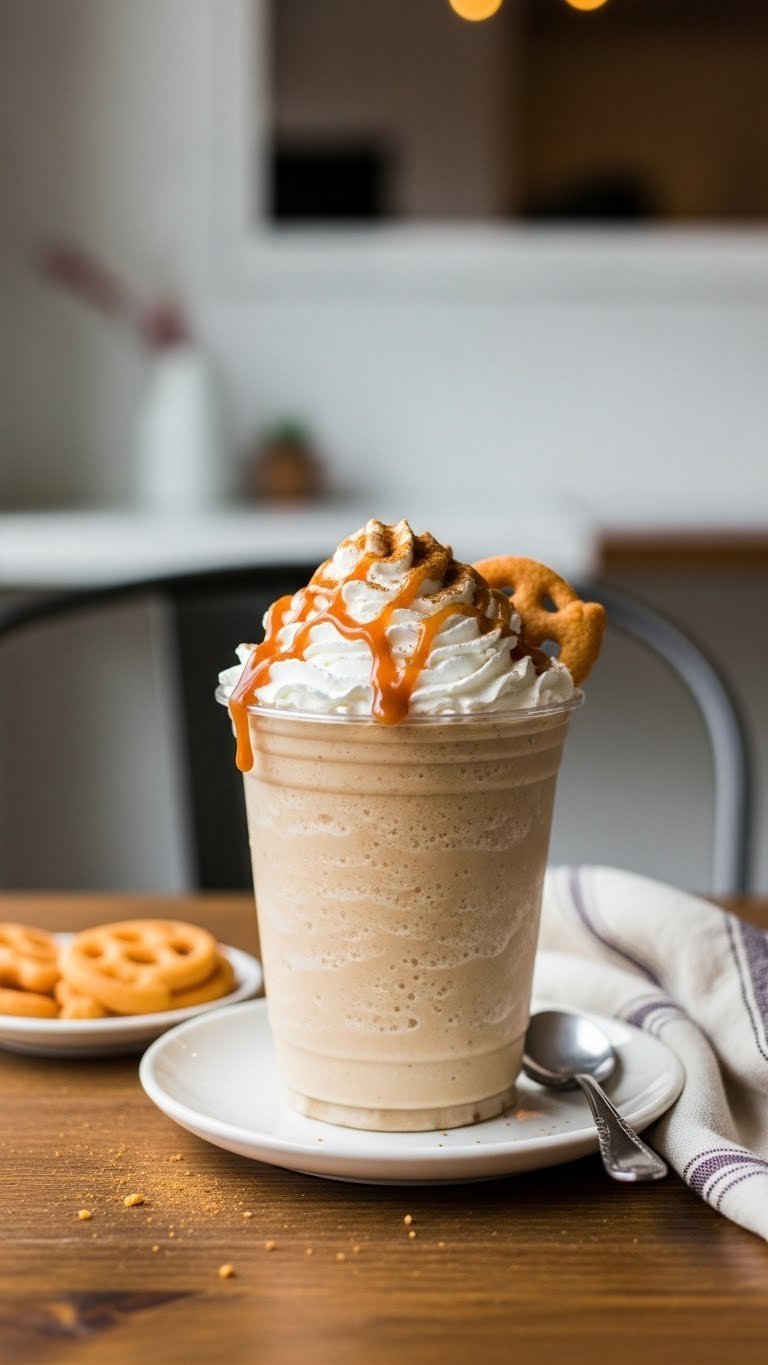 Funnel Cake Chiller in clear cup topped with whipped cream, caramel drizzle, and cinnamon on rustic wooden table
