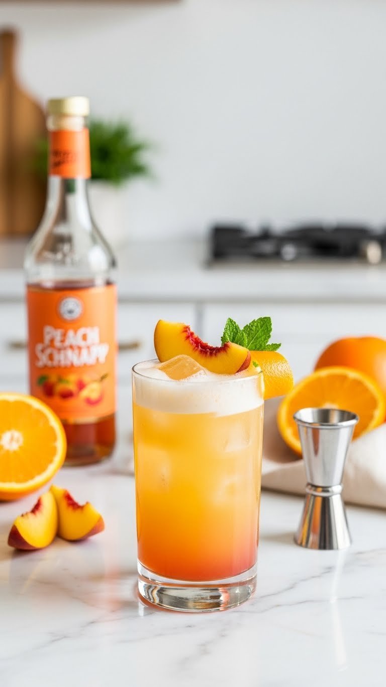 Fuzzy Peach Navel cocktail with orange gradient and citrus garnish