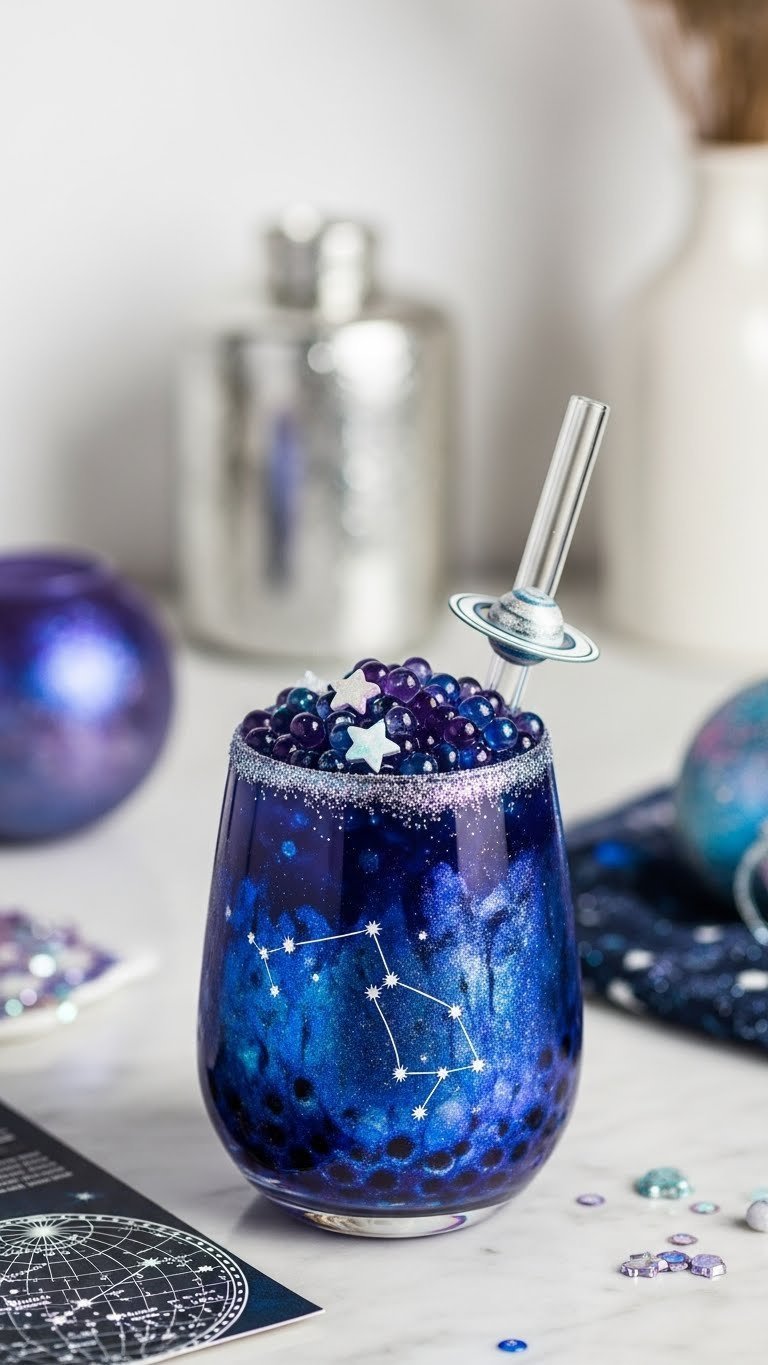 Galactic Planet Boba drink with star-shaped pearls and planet trinket on marble countertop with cosmic theme