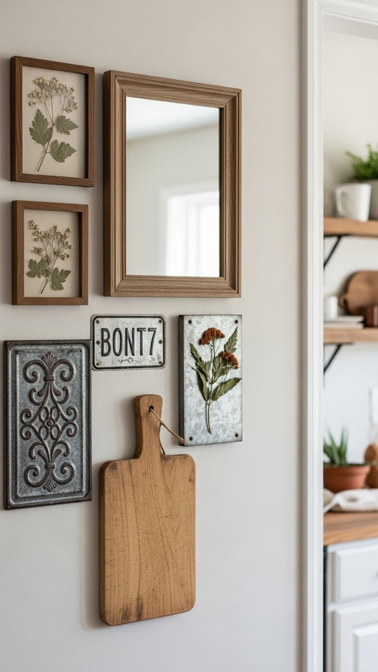 Gallery wall featuring textured rustic art and wrought iron accents on earthy neutral kitchen wall backdrop