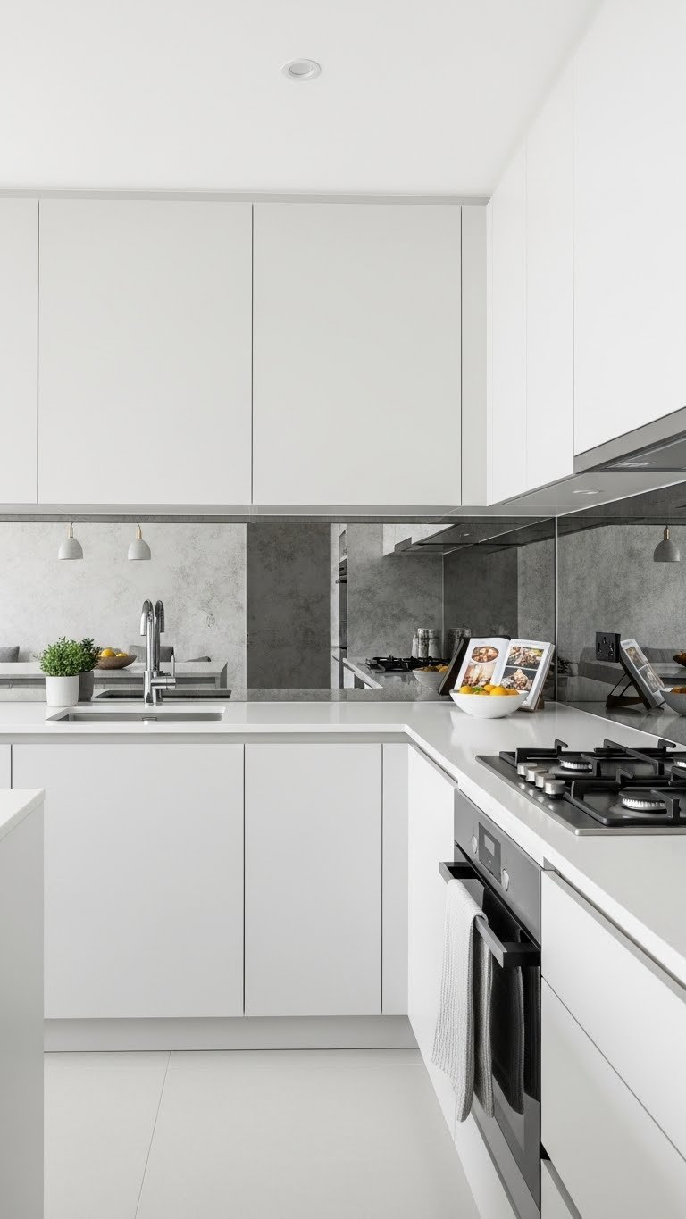 Galley kitchen mirrored backsplash reflecting light to make narrow space appear wider