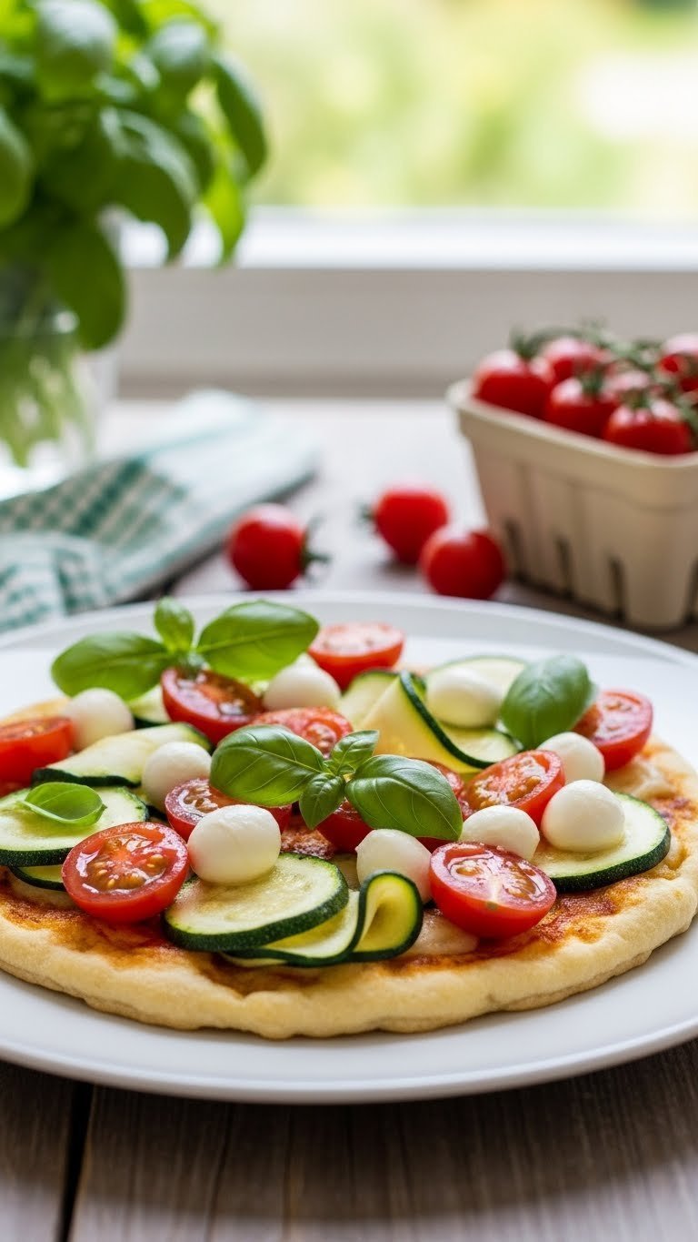 Zucchini Pizza Bake: Easy Crispy Low-Carb Recipe 13 Garden fresh zucchini pizza with burst cherry tomatoes, mozzarella pearls, and basil leaves on rustic wooden table