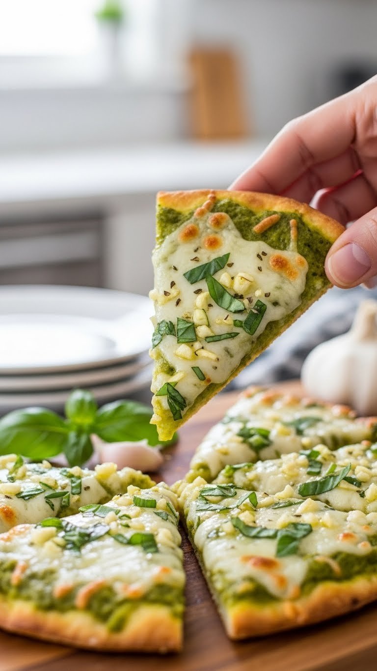 Zucchini Pizza Bake: Easy Crispy Low-Carb Recipe 11 Garlic herb zucchini pizza slices with minced garlic, fresh herbs, and melted mozzarella on rustic cutting board