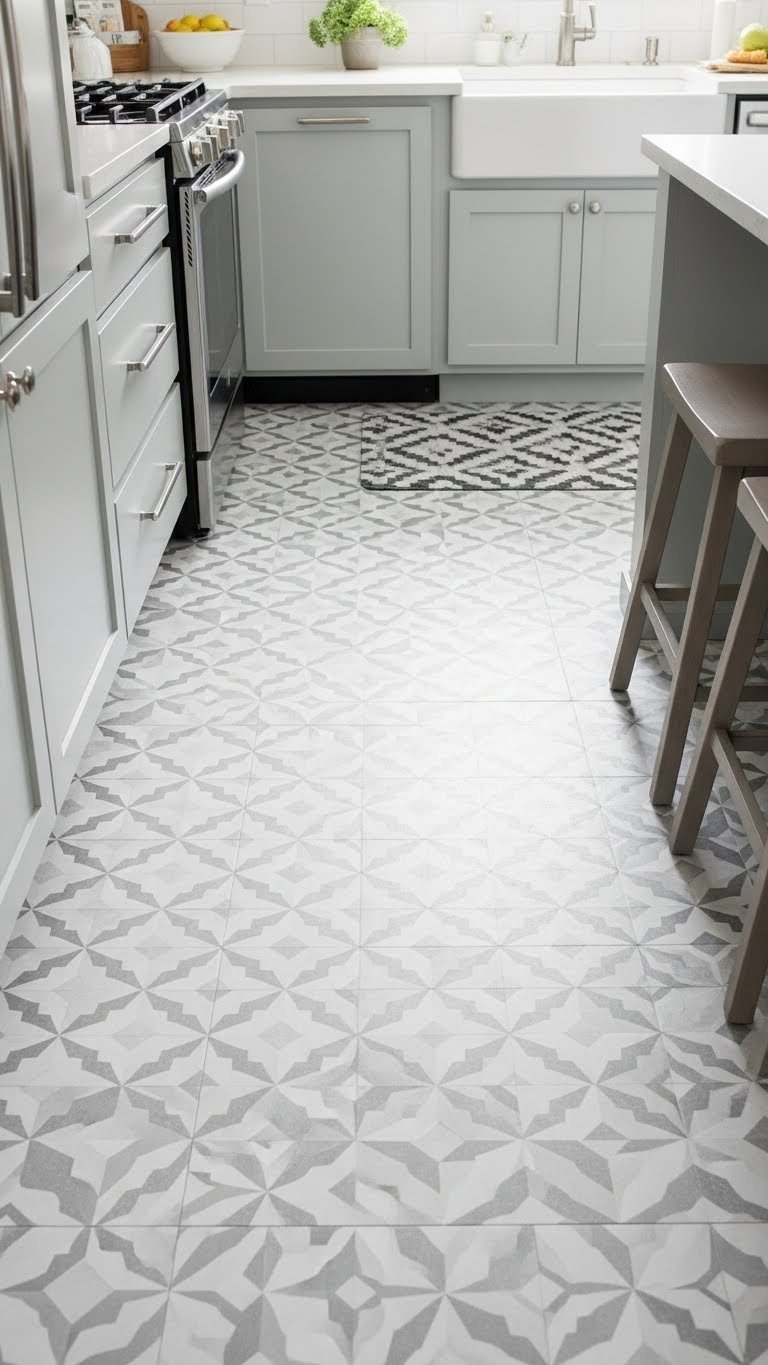Geometric pattern peel and stick vinyl tile floor in gray and white covering old linoleum surface