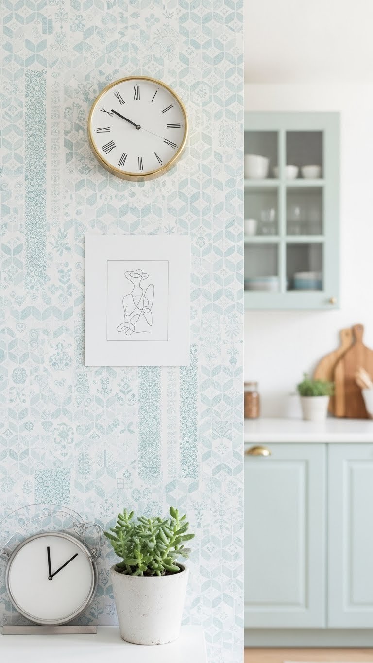 Geometric pattern removable wallpaper on kitchen wall with minimalist art and soft pastel colors