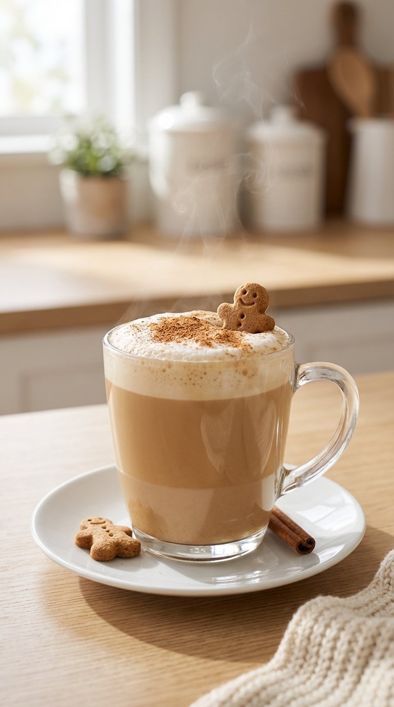 Gingerbread latte in clear glass mug topped with frothy milk and cinnamon sprinkle