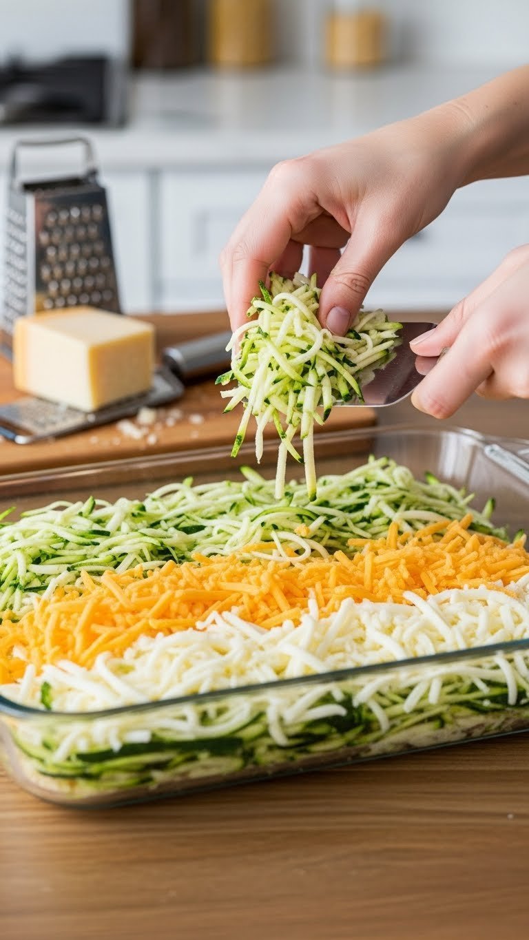 Glass baking dish layered with green zucchini slices, white mozzarella, and yellow cheddar cheese for cheesy casserole