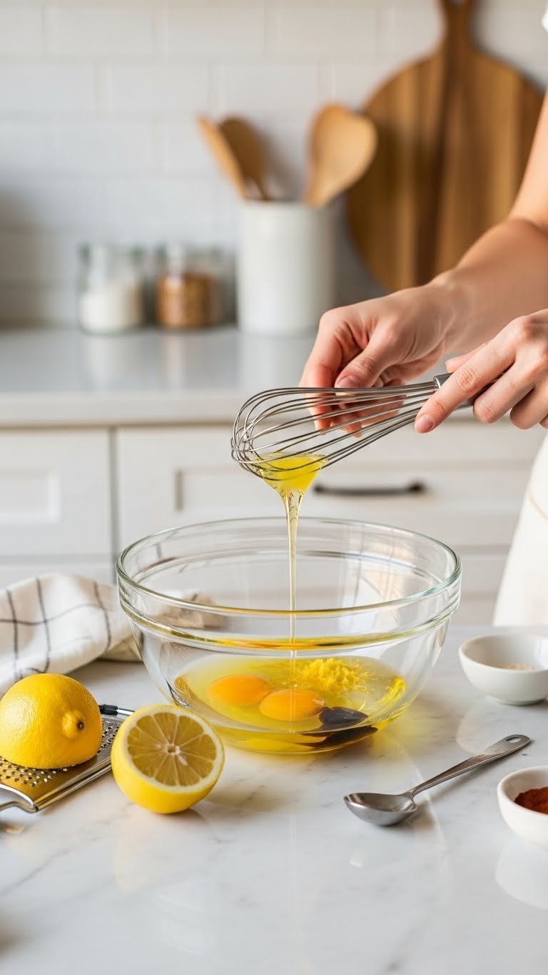 Glass mixing bowl with wet ingredients including lemon juice and zest ready for baking recipe