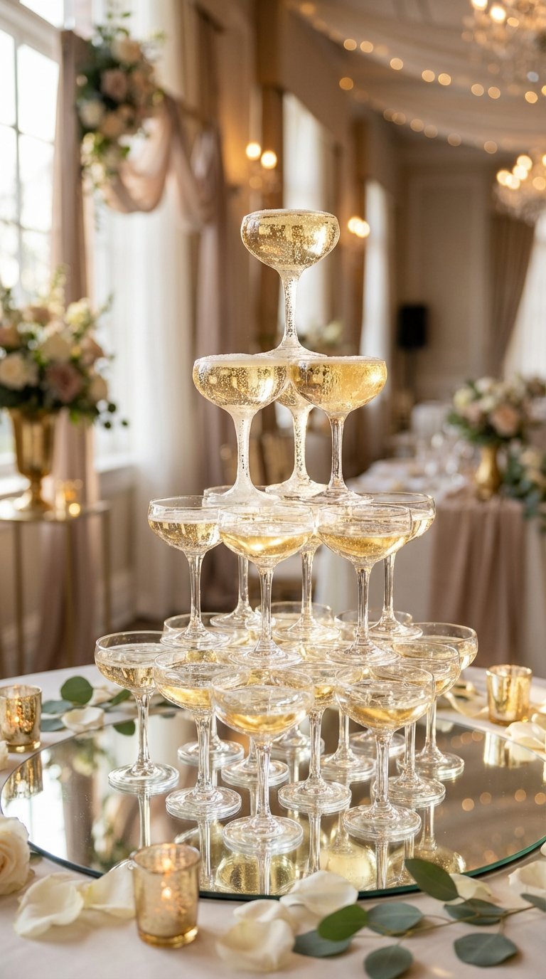 Gleaming champagne tower with stacked coupe glasses cascading champagne on polished reflective surface