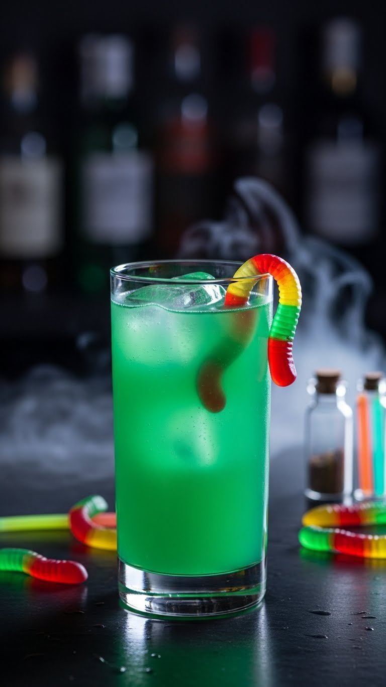 Glowing green mocktail in tall glass with gummy worms garnish under UV lighting on dark bar top