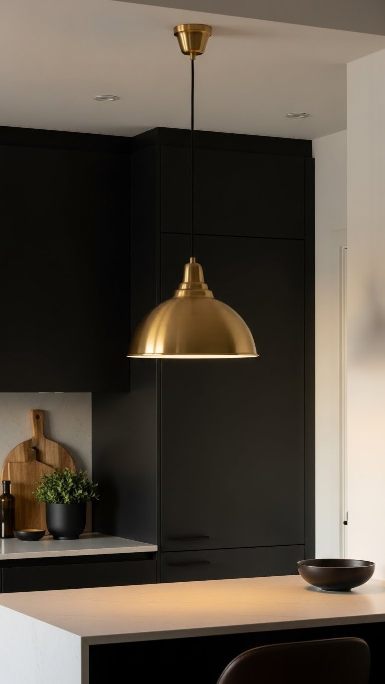 Gold pendant light hanging over compact kitchen island with warm lighting and black background