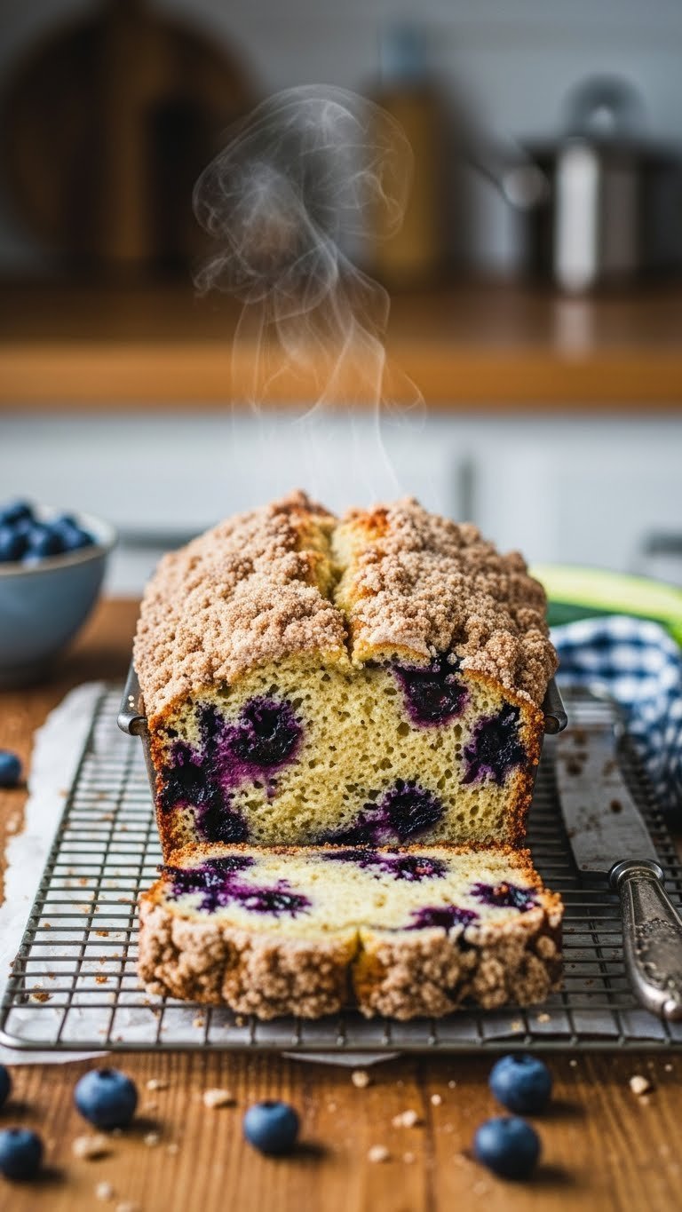 Perfect Blueberry Zucchini Bread: Easy, Moist, Crumb Topped 13 Golden brown blueberry zucchini bread fresh from oven with cinnamon sugar topping and visible berries.