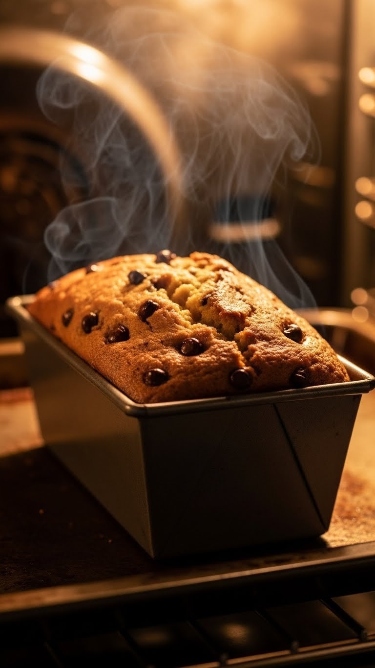 Golden-brown chocolate chip zucchini bread baking in metal loaf pan inside warm oven