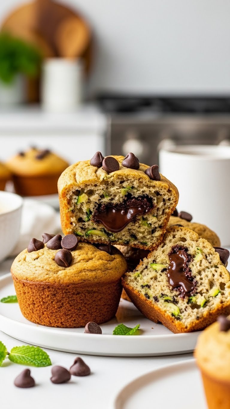 Golden-brown chocolate chip zucchini muffins with melted chips on white ceramic plate