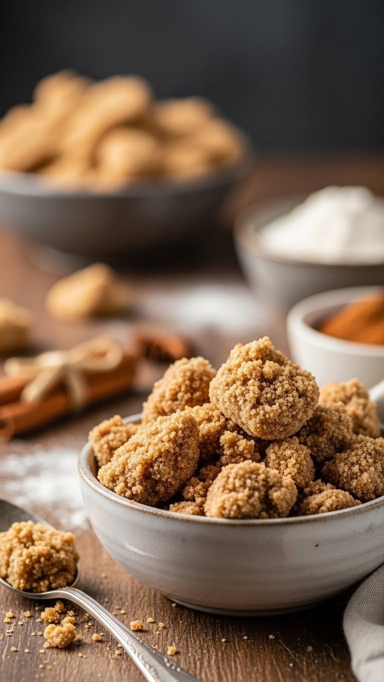 Golden brown cinnamon streusel topping with butter flecks and sugar crystals crumbled in a rustic ceramic bowl
