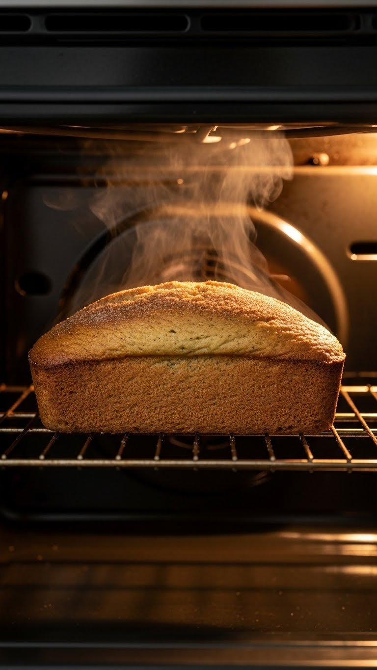 Golden brown cinnamon zucchini bread loaf baking in oven with cinnamon sugar crust visible