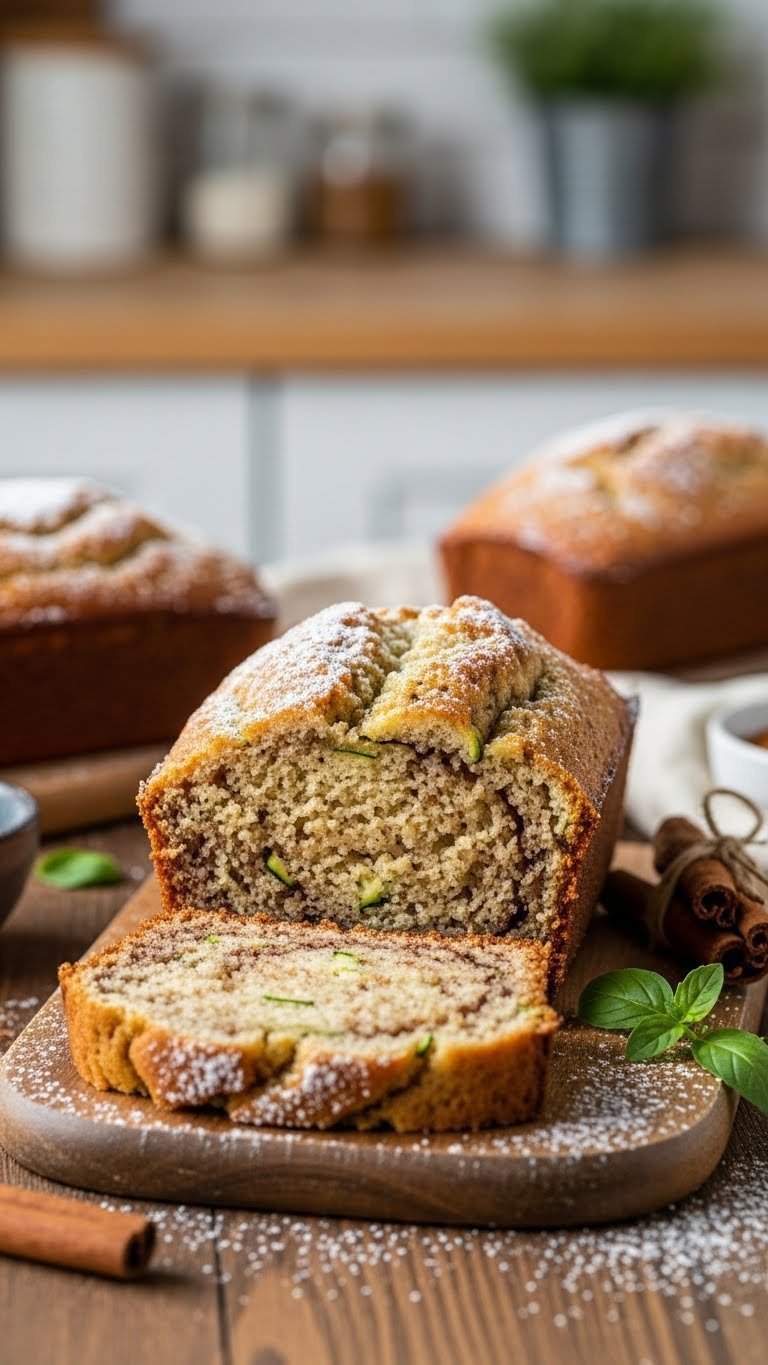 Golden-brown cinnamon zucchini bread mini loaf sliced open on rustic wooden cutting board with moist crumb speckled with cinnamon and zucchini.