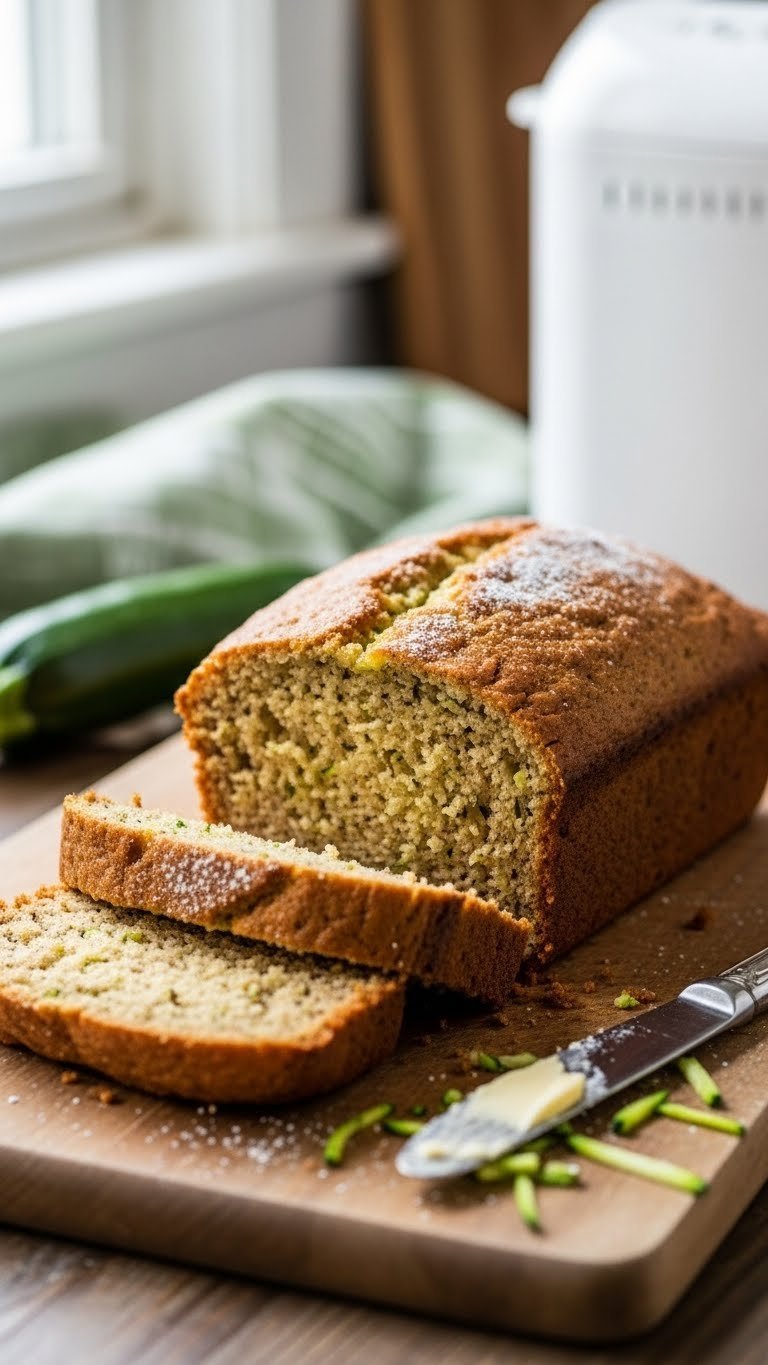 Golden-brown classic zucchini bread slice on rustic cutting board with moist crumb texture and bread machine visible in soft background.