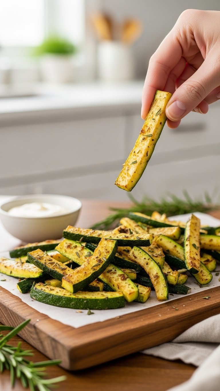 Golden-brown crispy air fryer zucchini fries arranged on rustic wooden board with creamy dipping sauce and fresh rosemary garnish.