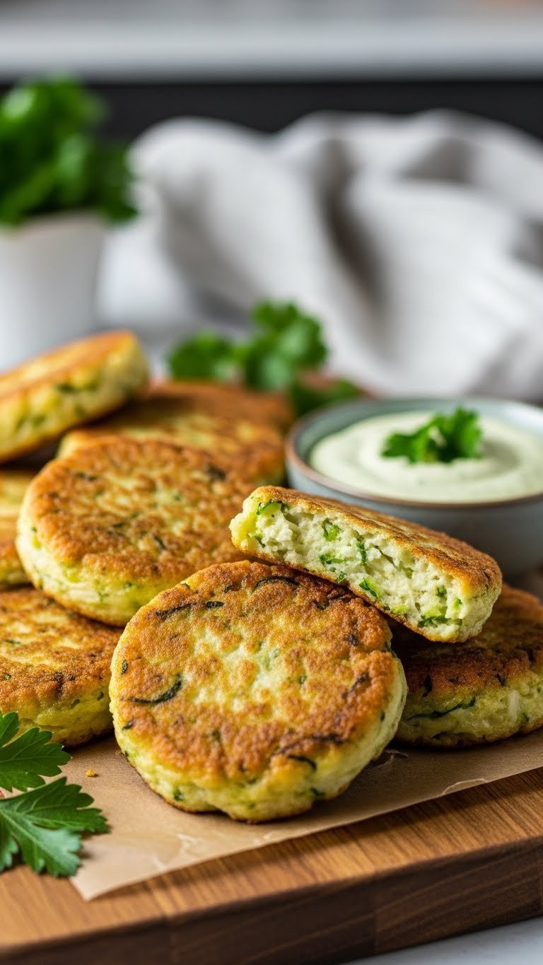 Golden-brown crispy baked zucchini fritters on rustic wooden board with avocado ranch dipping sauce and fresh parsley garnish.