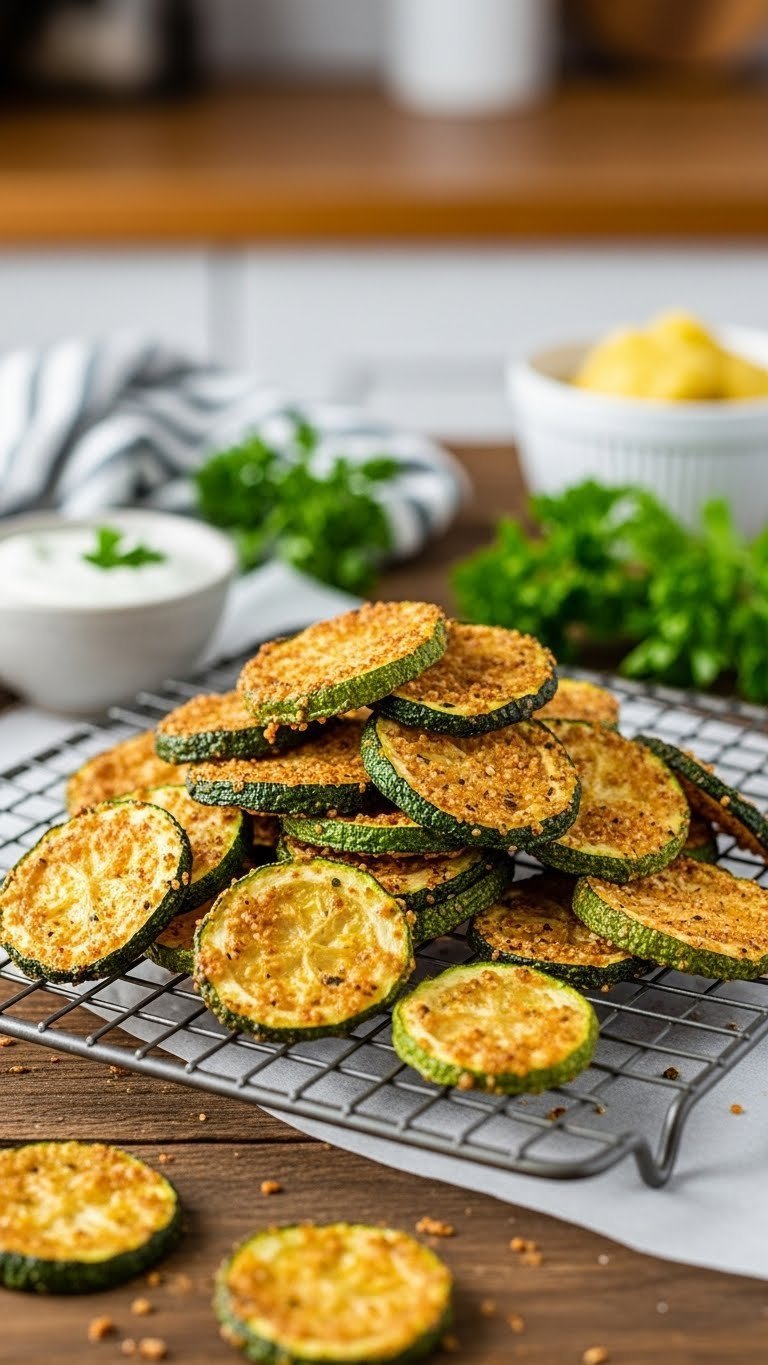 Golden brown crispy zucchini chips cooling on wire rack with dipping sauce and fresh herbs
