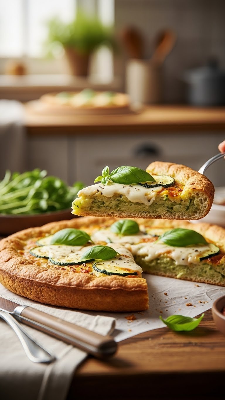 Easy Crispy Zucchini Keto Pizza Baking Recipes 1 Golden brown crispy zucchini pizza crust slice with melted mozzarella and fresh basil on rustic wooden table in warm kitchen lighting