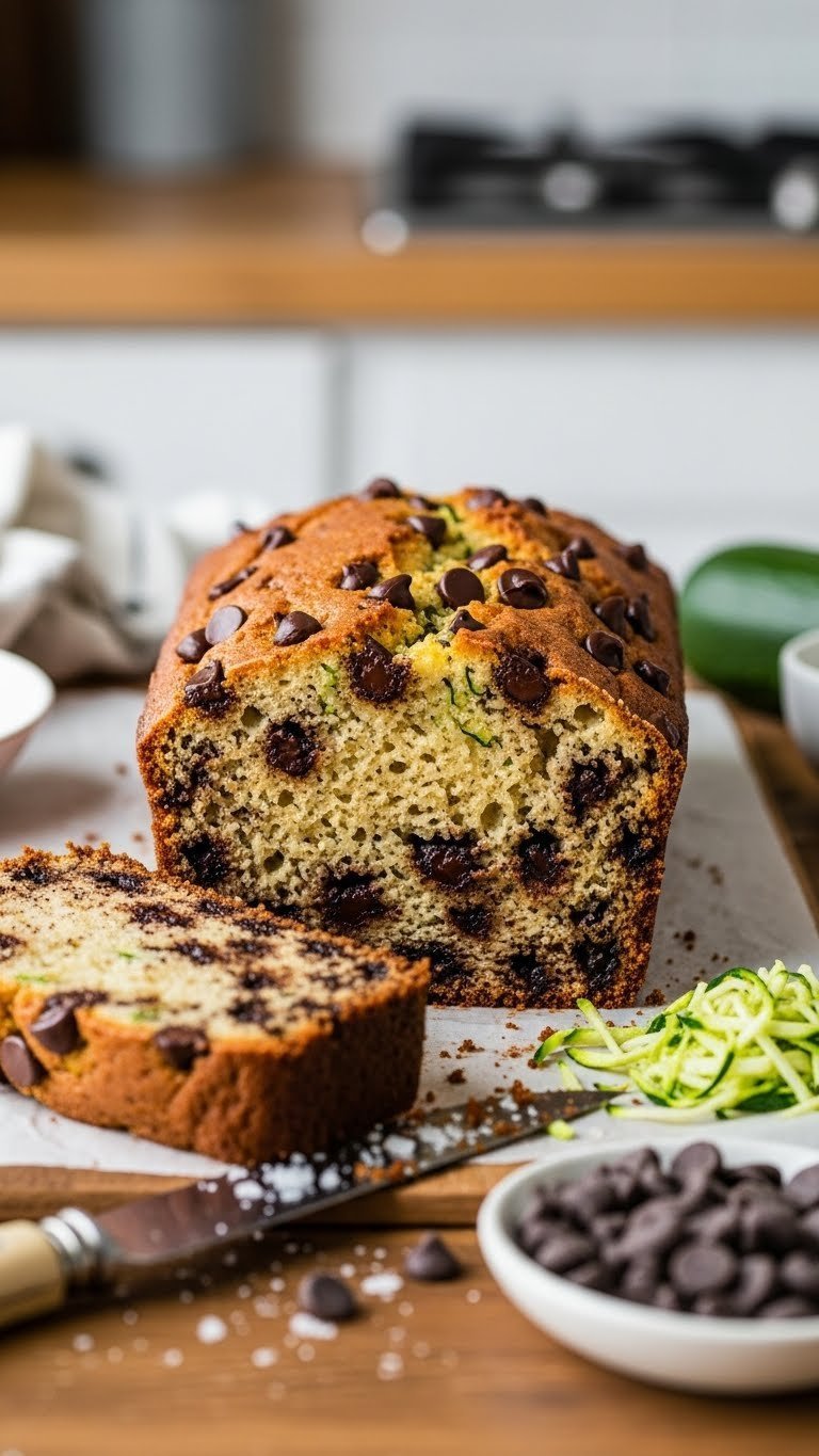 Golden-brown flourless chocolate chip zucchini bread loaf sliced to reveal moist crumb with dark chocolate chips and zucchini flecks on rustic wooden table.