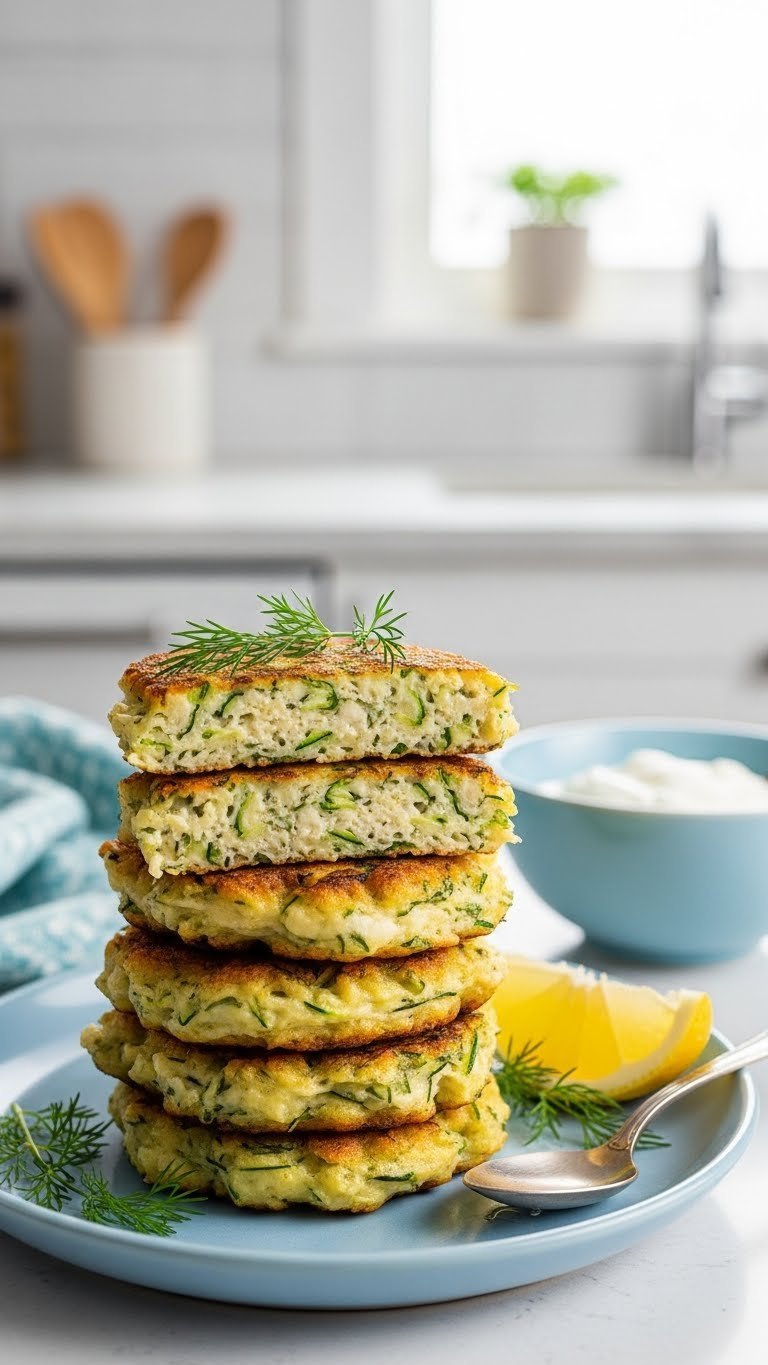 Golden-brown gluten-free air fryer zucchini fritters stacked on light blue plate with fresh dill and lemon wedge.