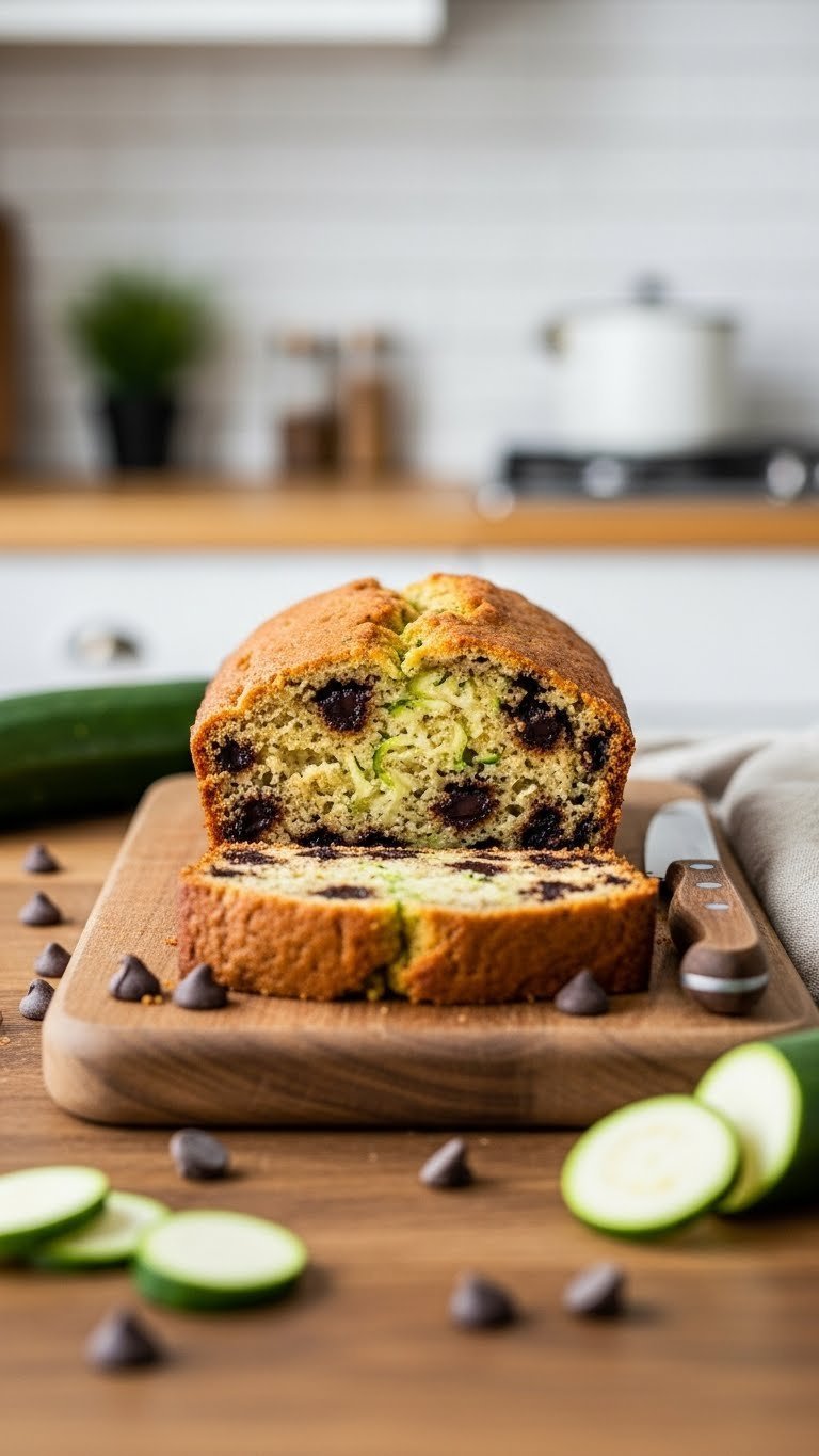 Golden-brown high protein zucchini bread sliced on rustic cutting board with chocolate chips and shredded zucchini visible in moist interior.