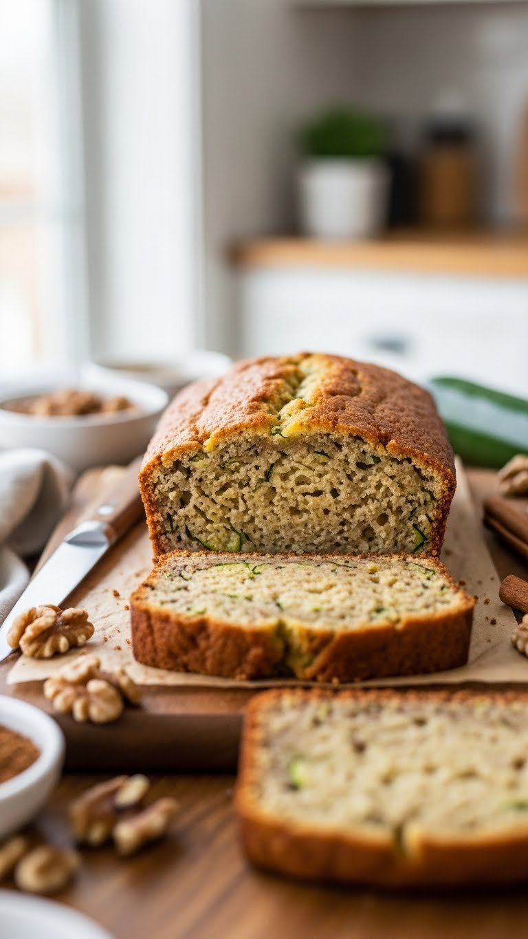 Golden-brown keto flourless zucchini bread loaf thinly sliced to reveal dense moist crumb with zucchini flecks on rustic cutting board.