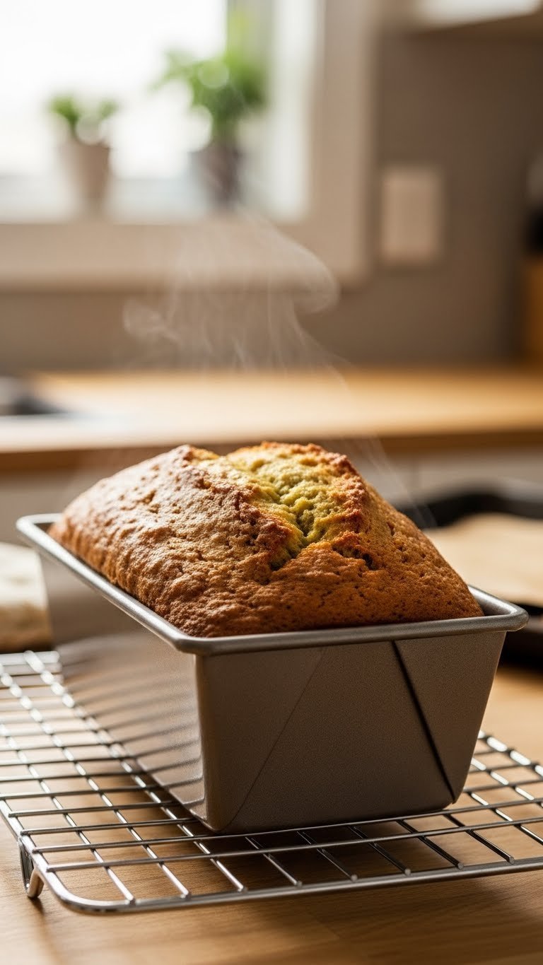 Golden brown keto zucchini bread baking in loaf pan with crispy crust and steam rising