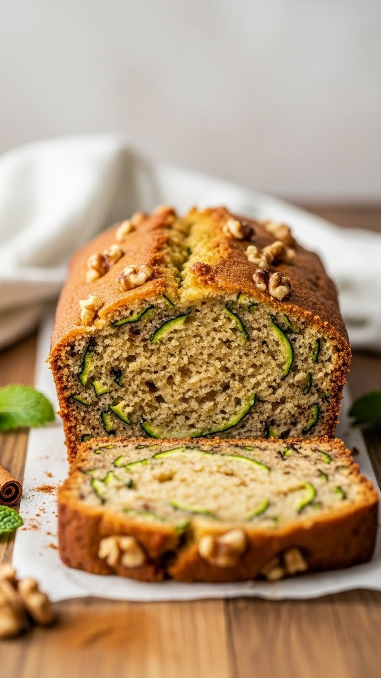Golden brown keto zucchini bread slice with green zucchini strands and walnuts on rustic wooden table with cinnamon and mint leaves