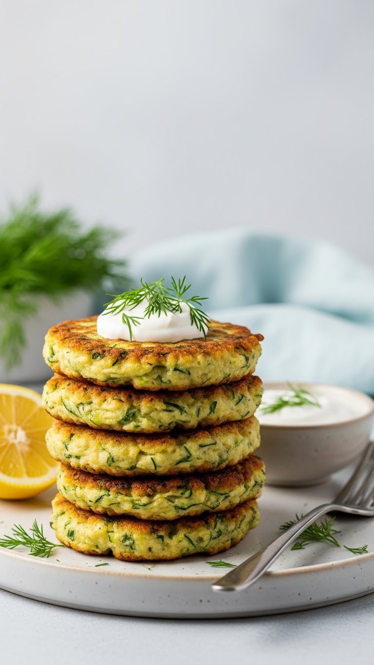 Golden brown keto zucchini fritters stacked with dill and sour cream on ceramic plate with lemon wedge