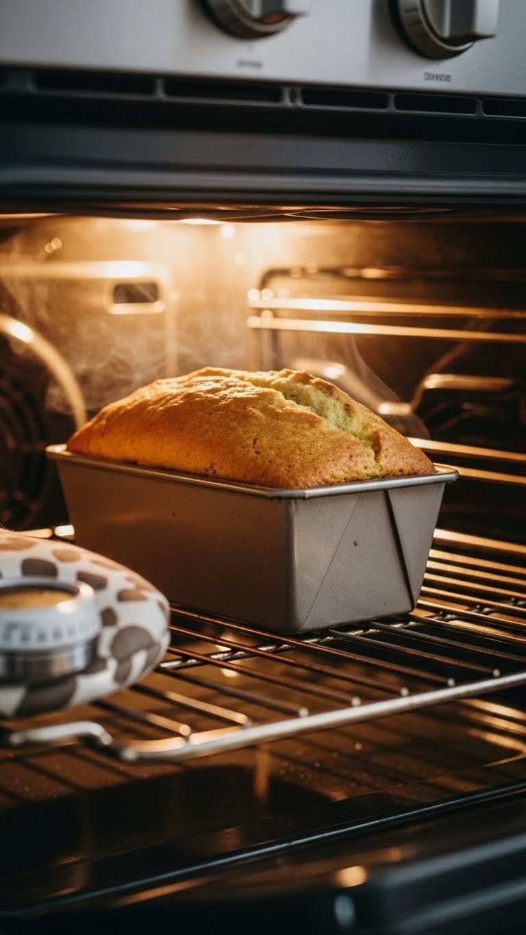 Golden brown low carb zucchini bread loaf baking in oven with steam rising from crust