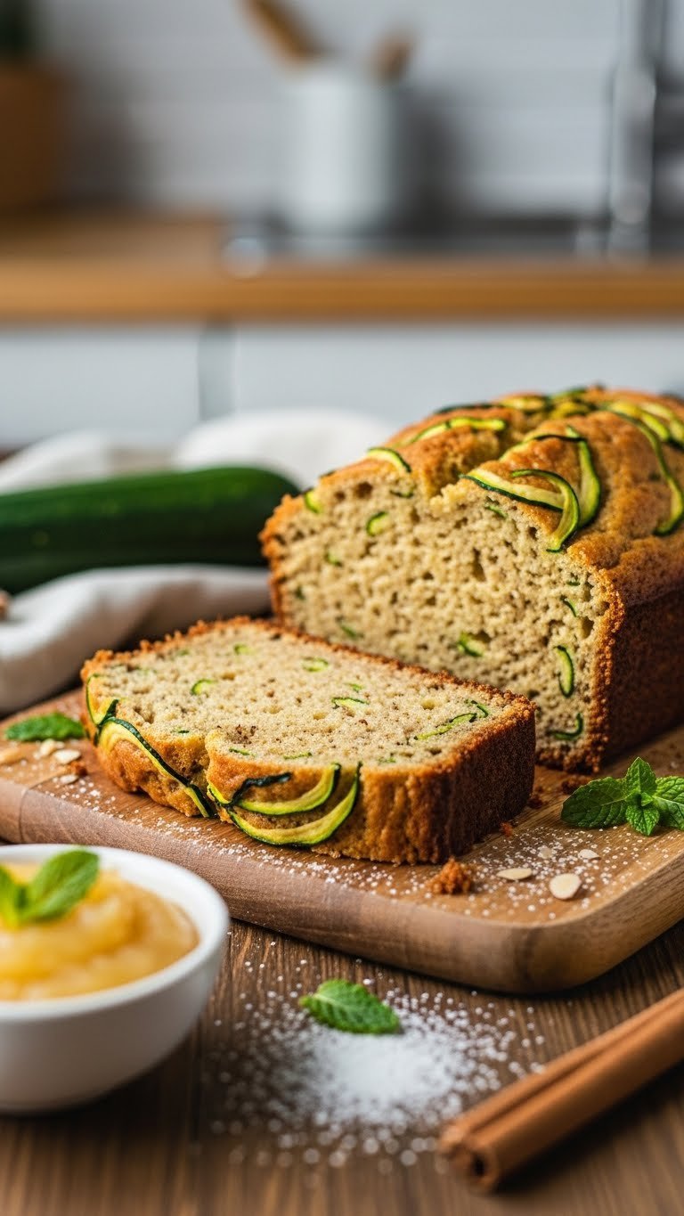 Ultimate Almond Flour Zucchini Bread: Easy, Moist, Gluten-Free 1 Golden-brown moist almond flour zucchini bread slice with green zucchini strands on rustic wooden cutting board with applesauce and mint garnish.