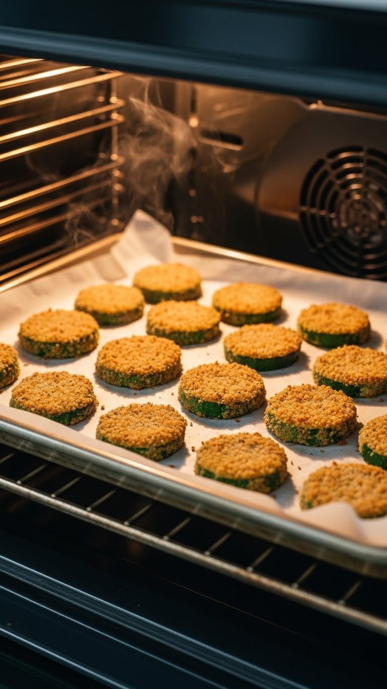 Golden brown oven-fried zucchini slices emerging crispy from baking sheet with steam rising