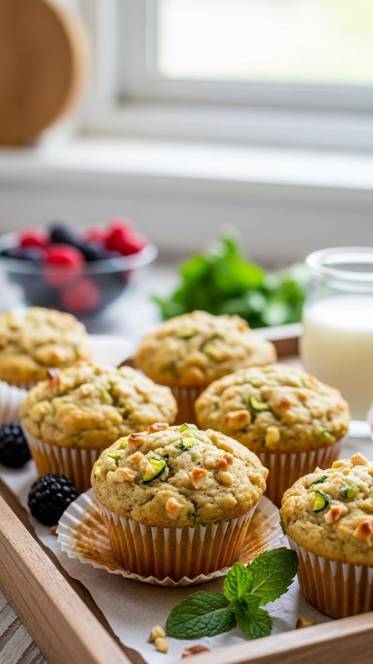 Golden-brown paleo zucchini muffins with fresh berries and mint sprig on rustic wooden tray