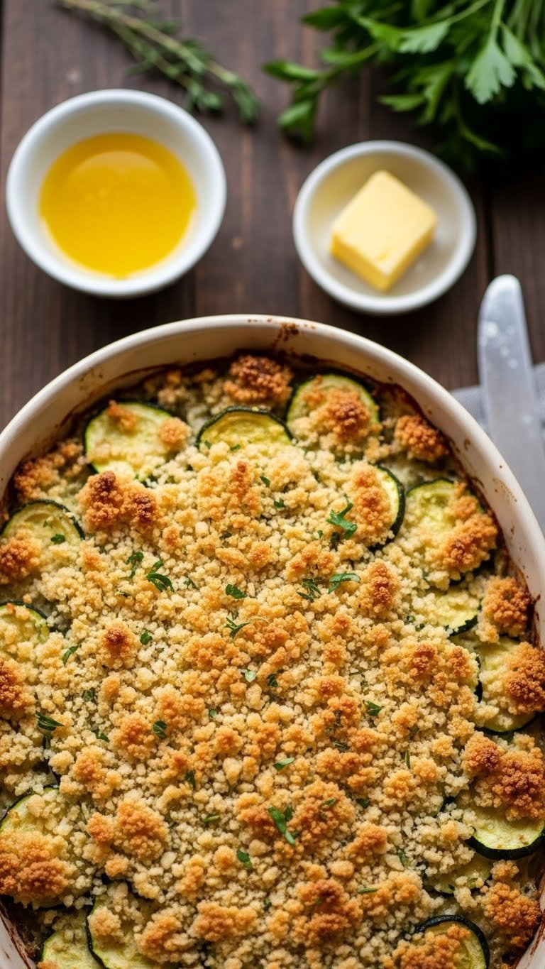 Golden brown panko breadcrumb topping on baked zucchini casserole with crispy textured surface