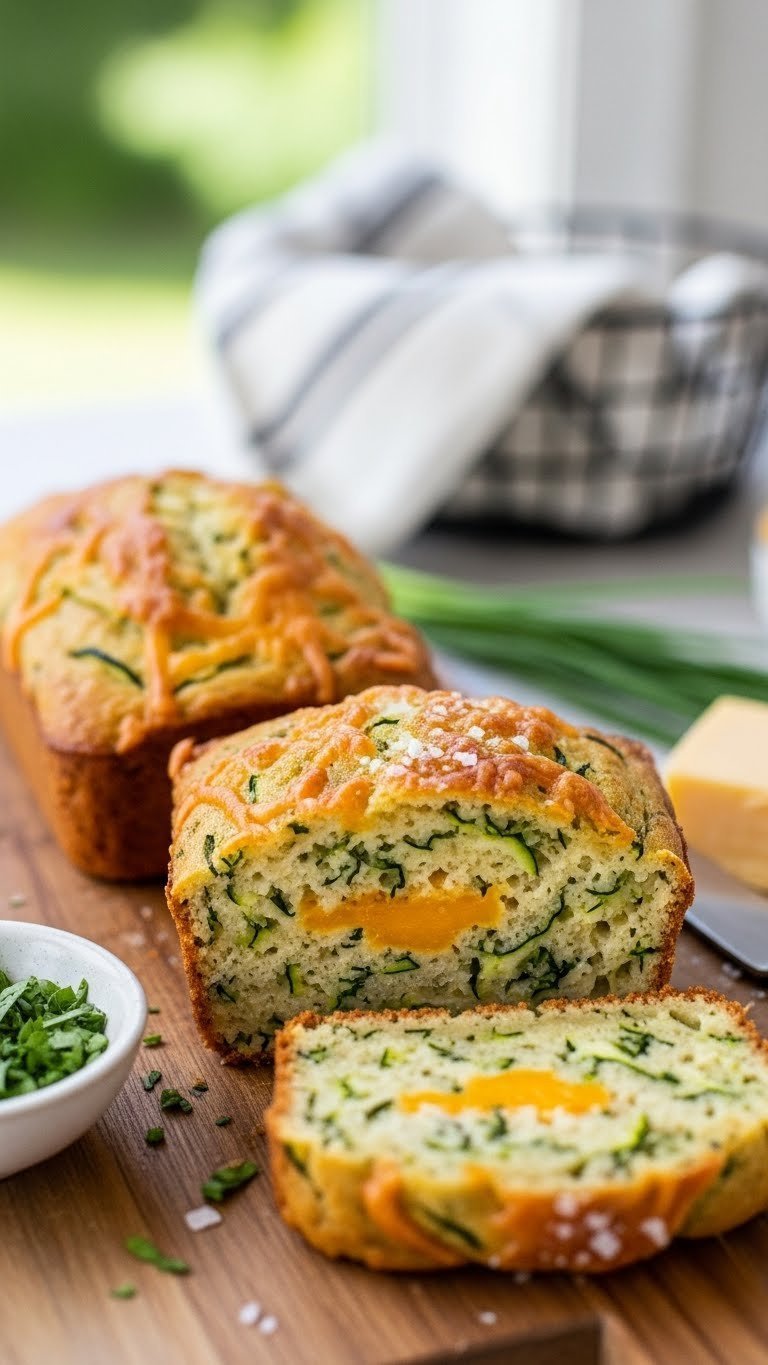 Golden-brown savory cheddar herb zucchini mini loaves sliced to reveal moist crumb with melted cheese, herbs, and grated zucchini.