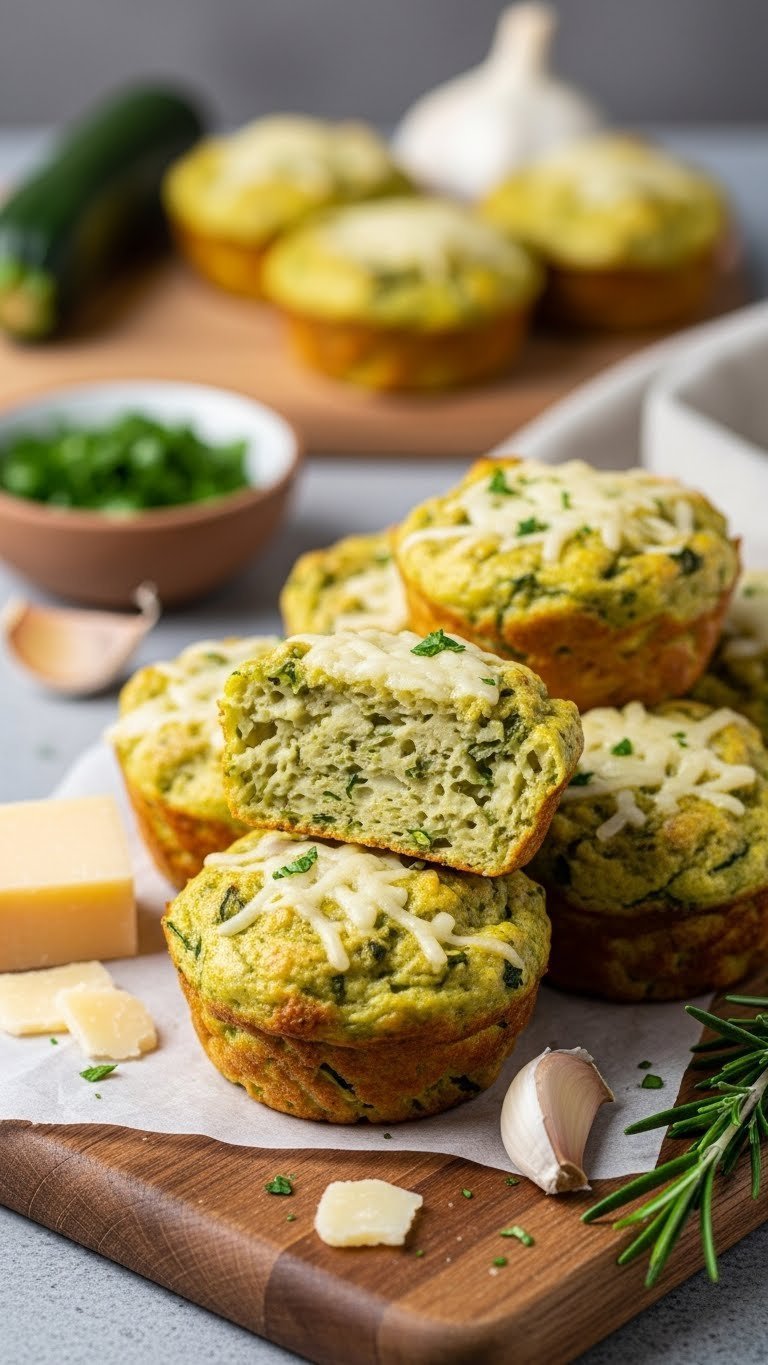 Golden-brown savory zucchini muffins with parmesan cheese on wooden cutting board with garlic and rosemary