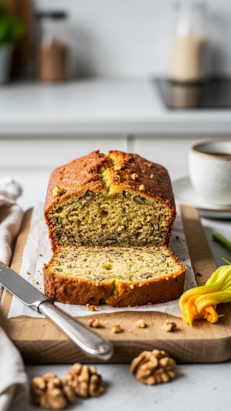 Golden-brown slice of moist vegan zucchini bread with visible green flecks and walnuts on rustic wooden cutting board